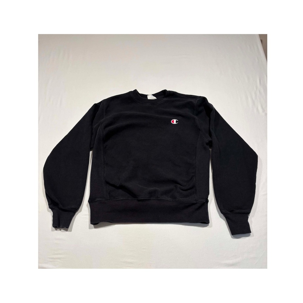 Champion Reverse Weave Sweatshirt Black Crewneck Small C Logo Heavyweight Mens
